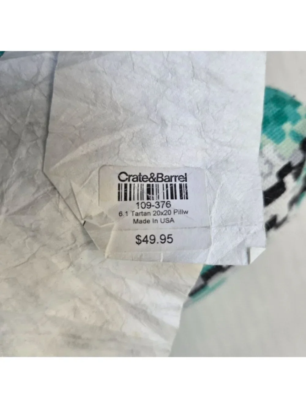 Crate & Barrel Pillow Paola Navone Turquoise Blue Green White Black Plaid 20X20